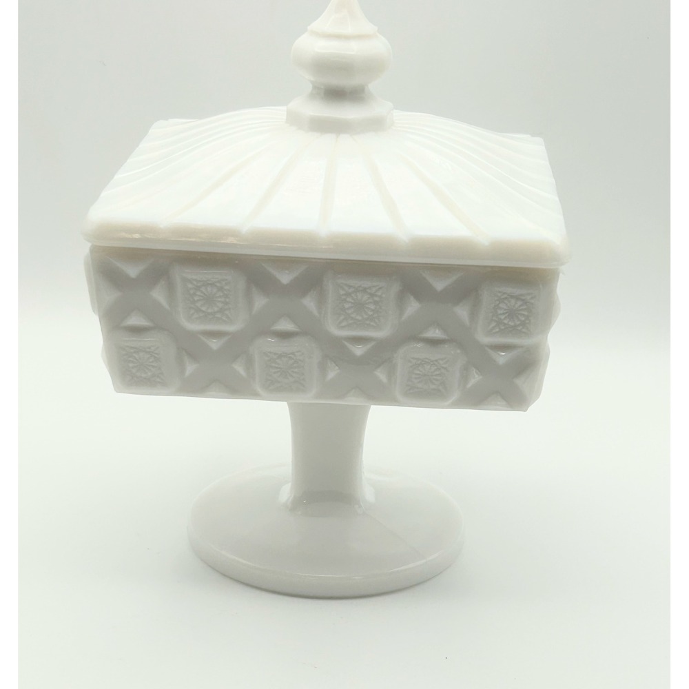 Vintage White Milk Glass Pedestal Candy‎ Dish with Lid Square Geometric Pattern